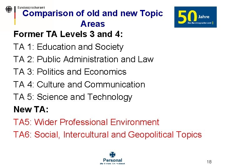 Comparison of old and new Topic Areas Former TA Levels 3 and 4: TA