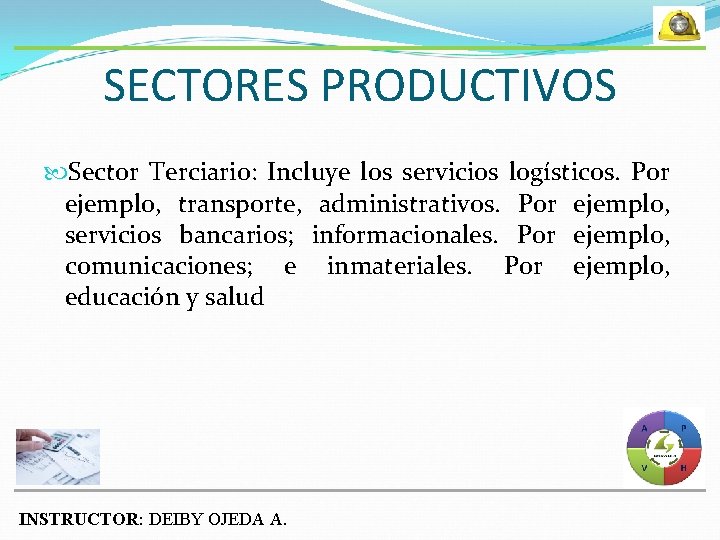 SECTORES PRODUCTIVOS Sector Terciario: Incluye los servicios logísticos. Por ejemplo, transporte, administrativos. Por ejemplo,