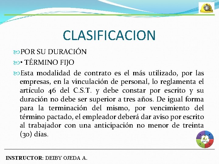 CLASIFICACION POR SU DURACIÓN • TÉRMINO FIJO Esta modalidad de contrato es el más