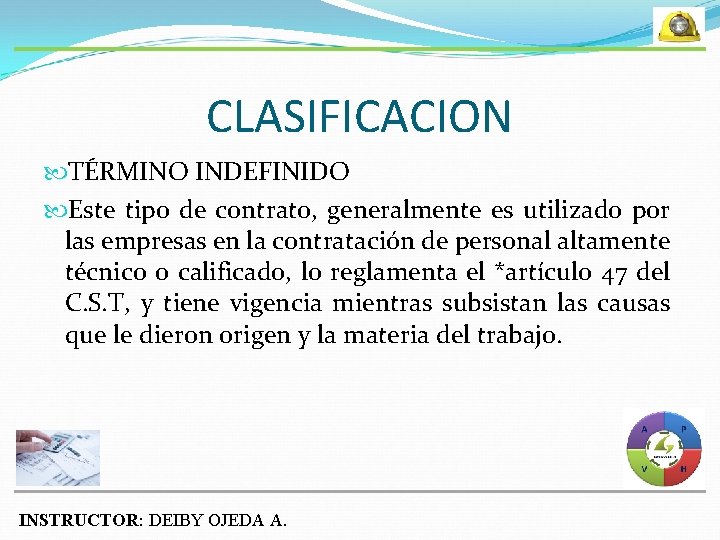 CLASIFICACION TÉRMINO INDEFINIDO Este tipo de contrato, generalmente es utilizado por las empresas en