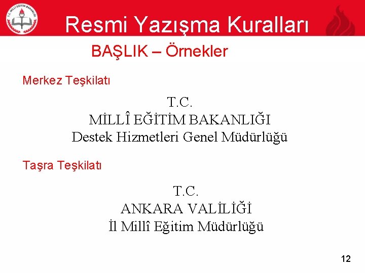 Resmi Yazışma Kuralları 12 BAŞLIK – Örnekler Merkez Teşkilatı T. C. MİLLÎ EĞİTİM BAKANLIĞI