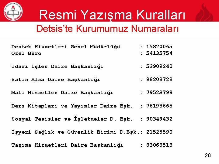 Resmi Yazışma Kuralları 20 Detsis’te Kurumumuz Numaraları Destek Hizmetleri Genel Müdürlüğü Özel Büro :