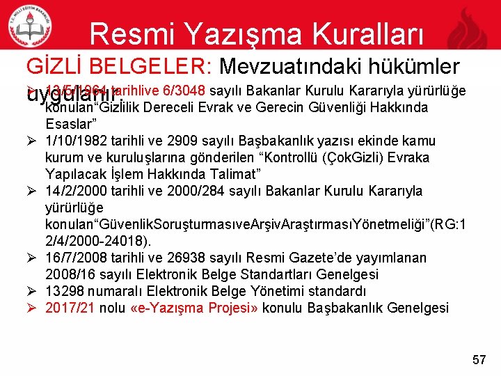 Resmi Yazışma Kuralları 57 GİZLİ BELGELER: Mevzuatındaki hükümler Ø 13/5/1964 tarihlive 6/3048 sayılı Bakanlar