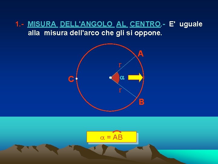 1. - MISURA DELL'ANGOLO AL CENTRO. - E' uguale alla misura dell'arco che gli 1. - MISURA DELL'ANGOLO AL CENTRO. - E' uguale alla misura dell'arco che gli