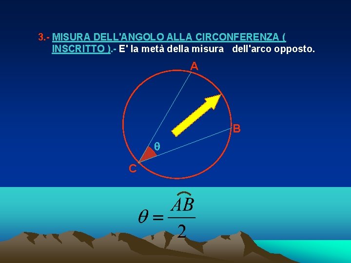 3. - MISURA DELL'ANGOLO ALLA CIRCONFERENZA ( INSCRITTO ). - E' la metà della 3. - MISURA DELL'ANGOLO ALLA CIRCONFERENZA ( INSCRITTO ). - E' la metà della