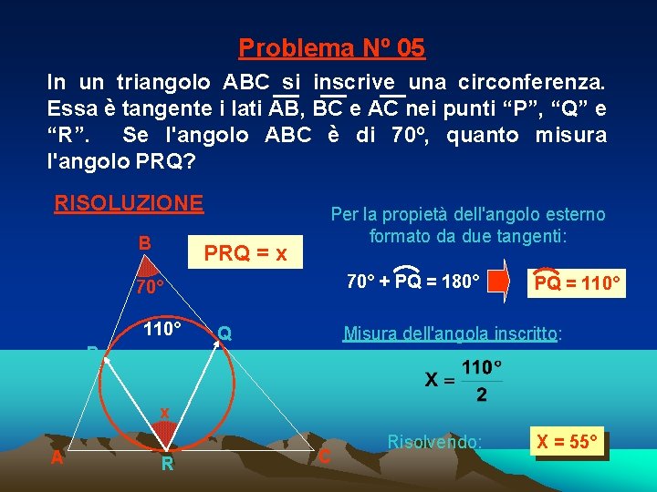 Problema Nº 05 In un triangolo ABC si inscrive una circonferenza. Essa è tangente Problema Nº 05 In un triangolo ABC si inscrive una circonferenza. Essa è tangente