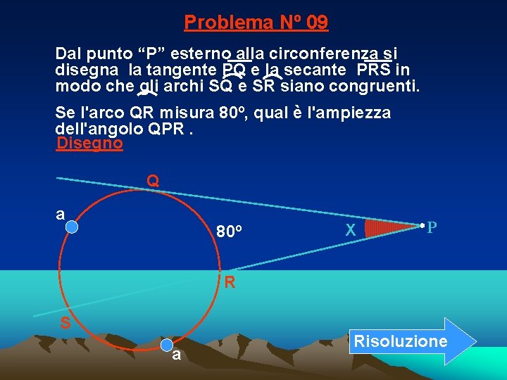 Problema Nº 09 Dal punto “P” esterno alla circonferenza si disegna la tangente PQ Problema Nº 09 Dal punto “P” esterno alla circonferenza si disegna la tangente PQ