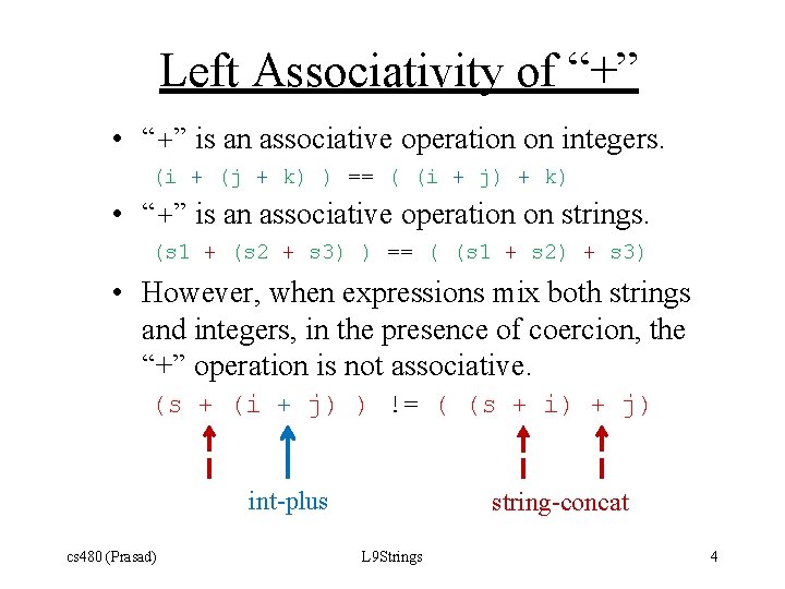 Left Associativity of “+” • “+” is an associative operation on integers. (i +