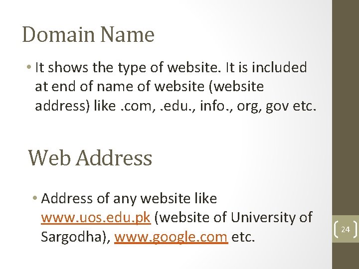 Domain Name • It shows the type of website. It is included at end