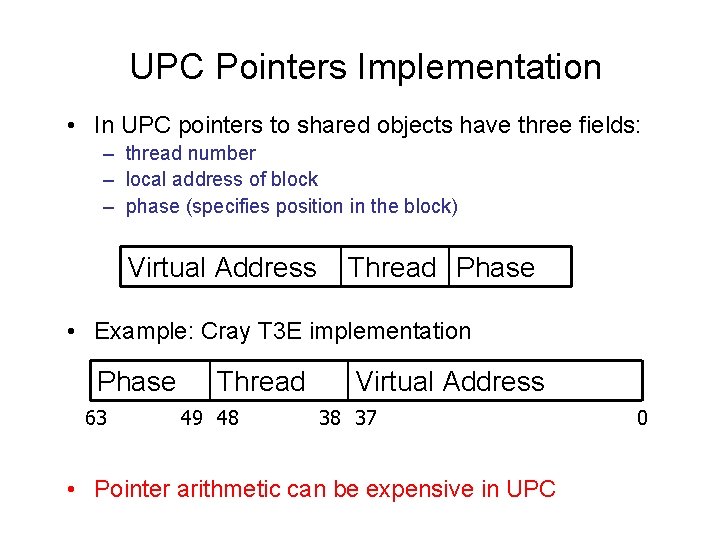 UPC Pointers Implementation • In UPC pointers to shared objects have three fields: –