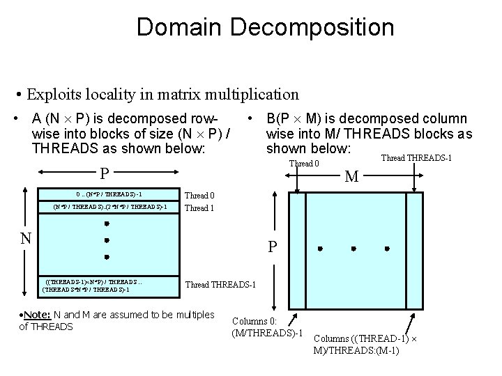 Domain Decomposition • Exploits locality in matrix multiplication • A (N P) is decomposed
