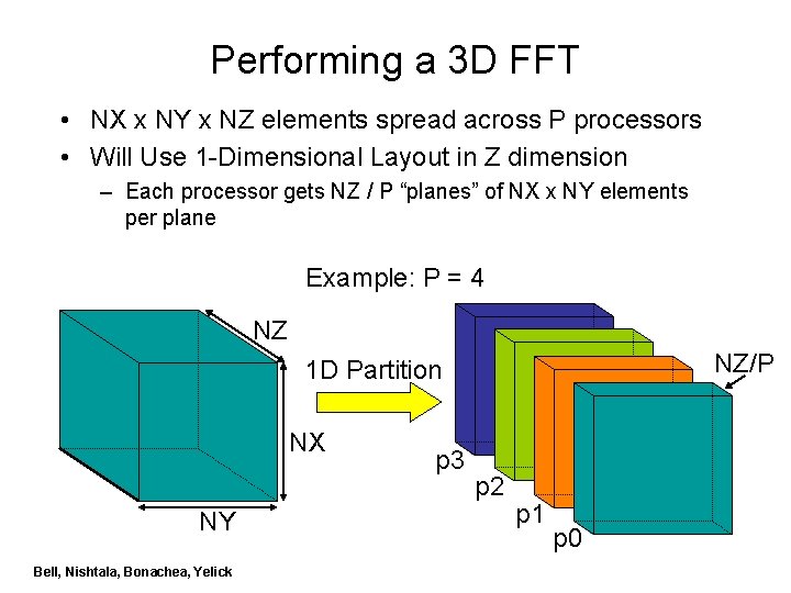 Performing a 3 D FFT • NX x NY x NZ elements spread across