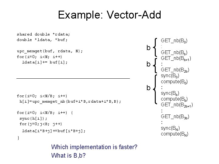 Example: Vector-Add shared double *rdata; double *ldata, *buf; upc_memget(buf, rdata, N); for(i=0; i<N; i++)