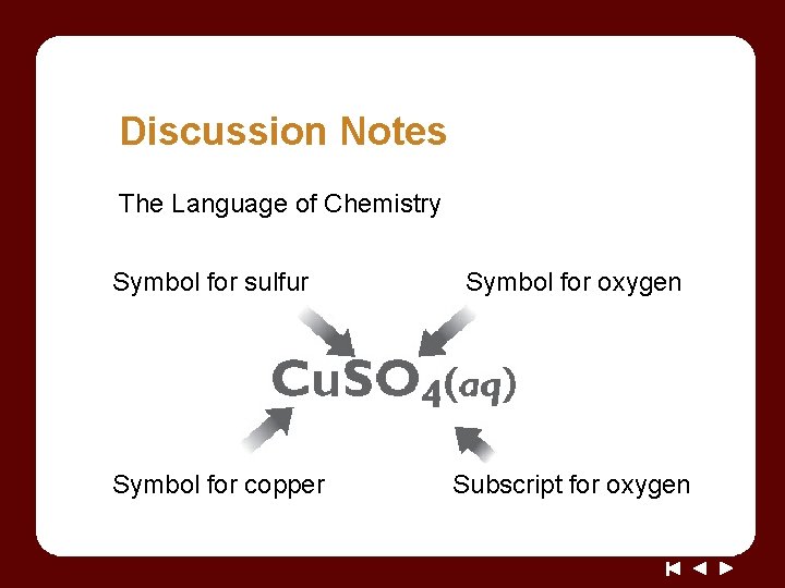 Discussion Notes The Language of Chemistry Symbol for sulfur Symbol for copper Symbol for