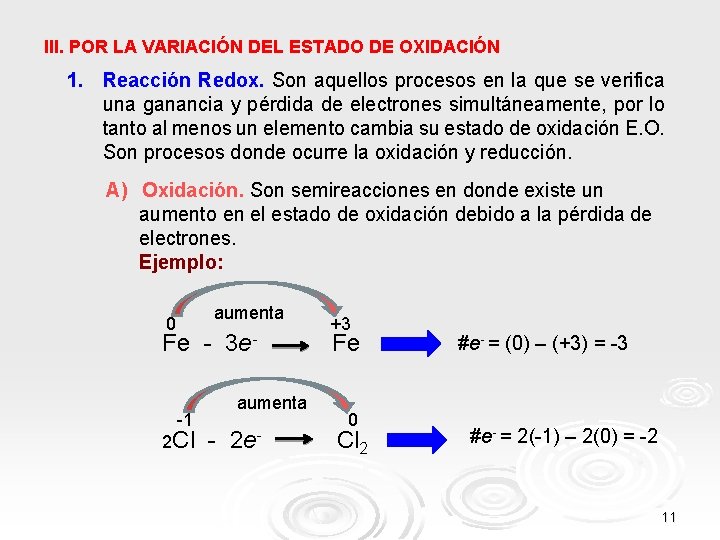 III. POR LA VARIACIÓN DEL ESTADO DE OXIDACIÓN 1. Reacción Redox. Son aquellos procesos