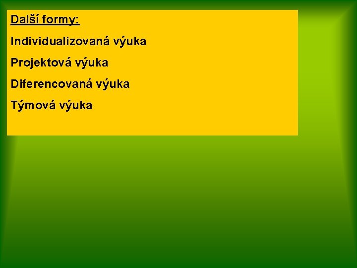 Další formy: Individualizovaná výuka Projektová výuka Diferencovaná výuka Týmová výuka 