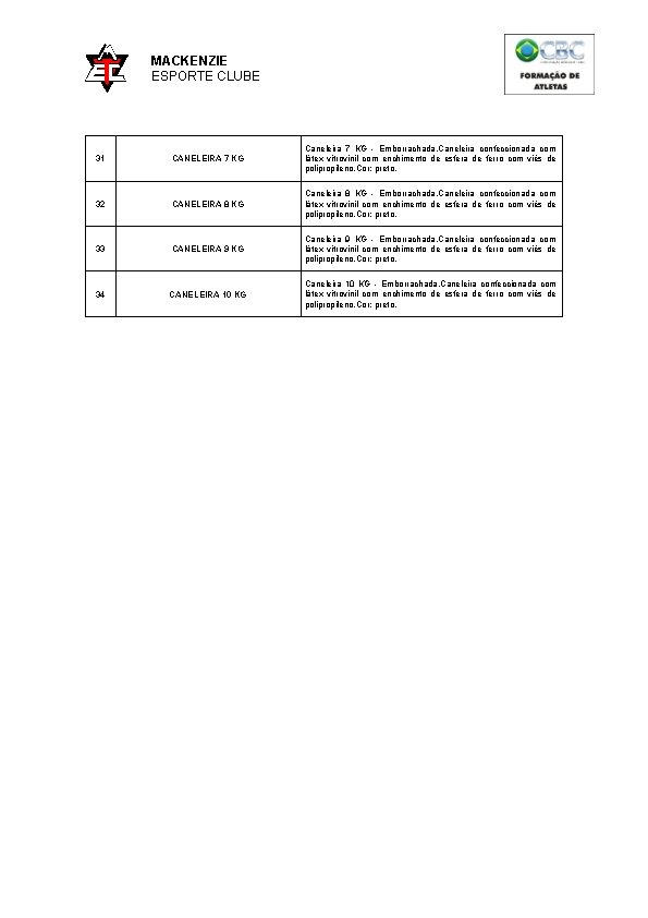MACKENZIE ESPORTE CLUBE 31 CANELEIRA 7 KG Caneleira 7 KG - Emborrachada. Caneleira confeccionada