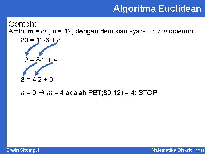 Algoritma Euclidean Contoh: Ambil m = 80, n = 12, dengan demikian syarat m