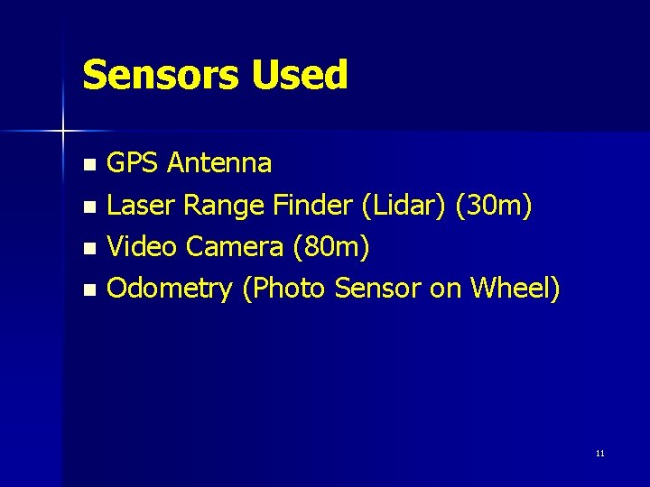Sensors Used GPS Antenna n Laser Range Finder (Lidar) (30 m) n Video Camera