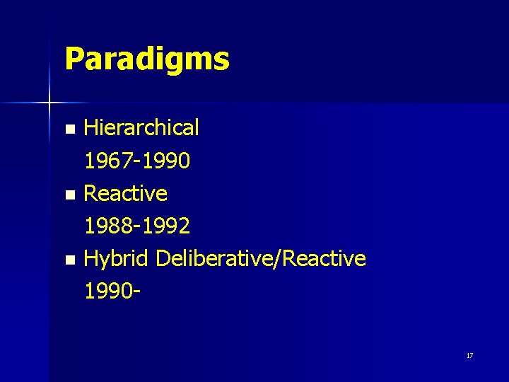 Paradigms Hierarchical 1967 -1990 n Reactive 1988 -1992 n Hybrid Deliberative/Reactive 1990 n 17