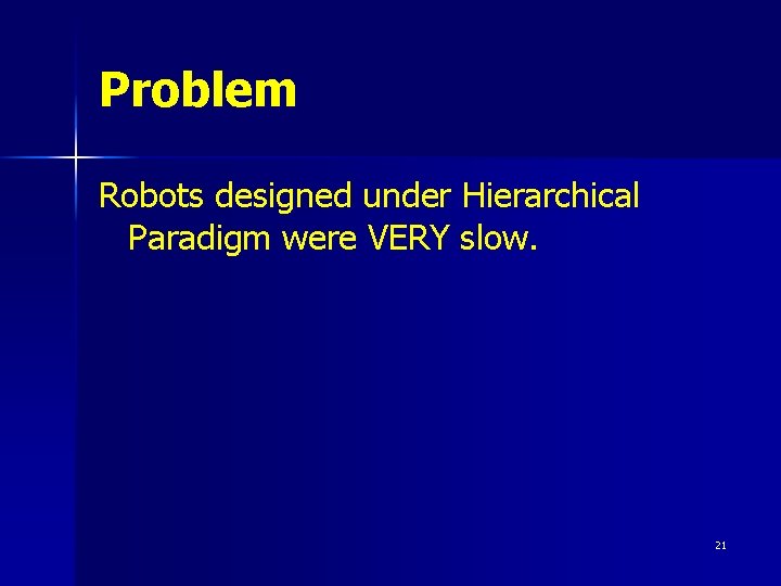 Problem Robots designed under Hierarchical Paradigm were VERY slow. 21 