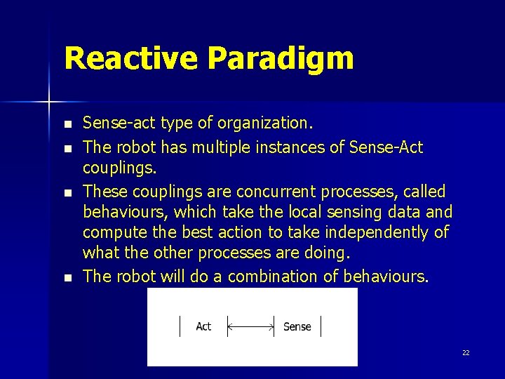Reactive Paradigm n n Sense-act type of organization. The robot has multiple instances of