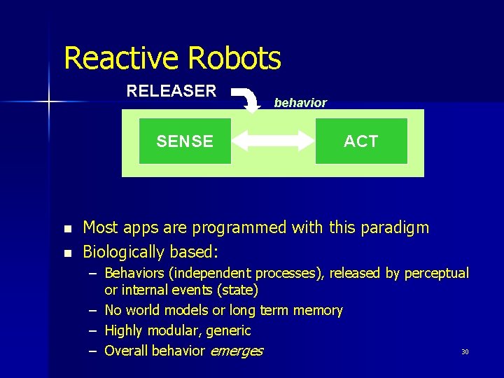 Reactive Robots RELEASER SENSE n n behavior ACT Most apps are programmed with this