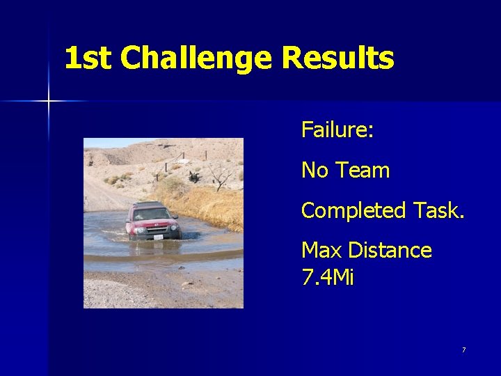 1 st Challenge Results Failure: No Team Completed Task. Max Distance 7. 4 Mi