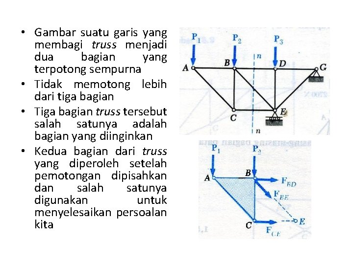 • Gambar suatu garis yang membagi truss menjadi dua bagian yang terpotong sempurna • Gambar suatu garis yang membagi truss menjadi dua bagian yang terpotong sempurna