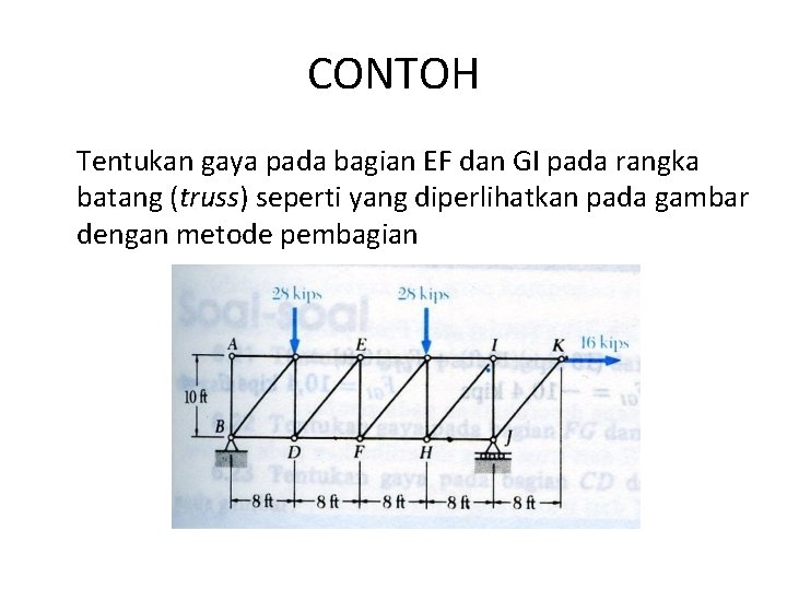 CONTOH Tentukan gaya pada bagian EF dan GI pada rangka batang (truss) seperti yang CONTOH Tentukan gaya pada bagian EF dan GI pada rangka batang (truss) seperti yang