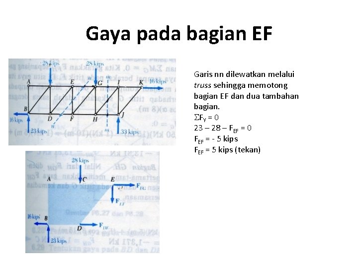 Gaya pada bagian EF Garis nn dilewatkan melalui truss sehingga memotong bagian EF dan Gaya pada bagian EF Garis nn dilewatkan melalui truss sehingga memotong bagian EF dan