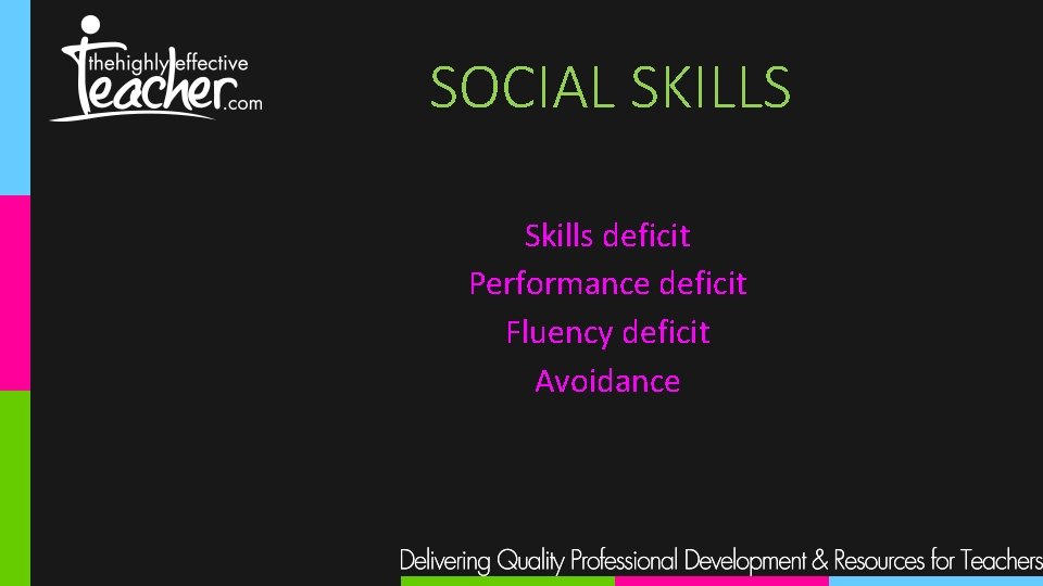 SOCIAL SKILLS Skills deficit Performance deficit Fluency deficit Avoidance 