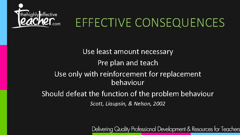 EFFECTIVE CONSEQUENCES Use least amount necessary Pre plan and teach Use only with reinforcement