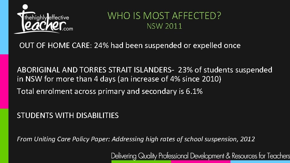 WHO IS MOST AFFECTED? NSW 2011 OUT OF HOME CARE: 24% had been suspended