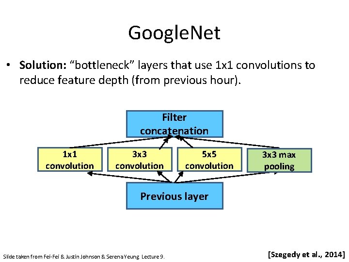 Google. Net • Solution: “bottleneck” layers that use 1 x 1 convolutions to reduce