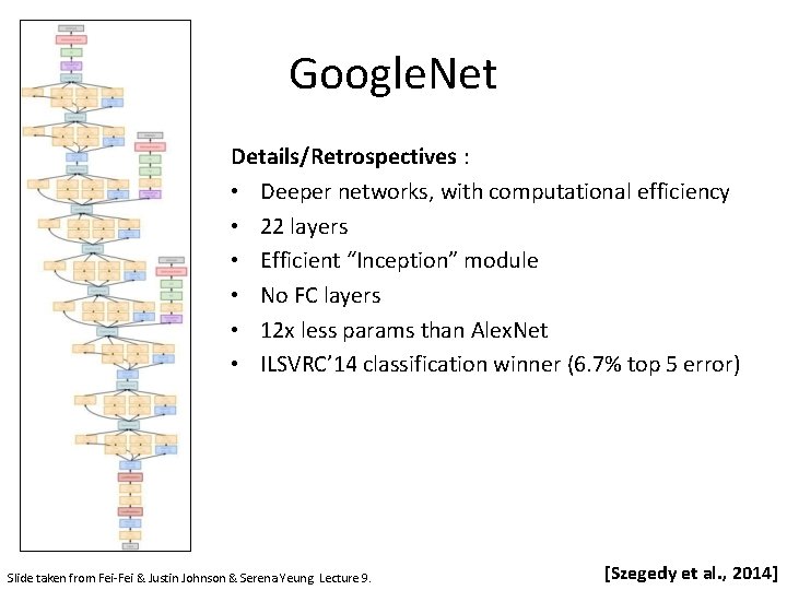 Google. Net Details/Retrospectives : • Deeper networks, with computational efficiency • 22 layers •