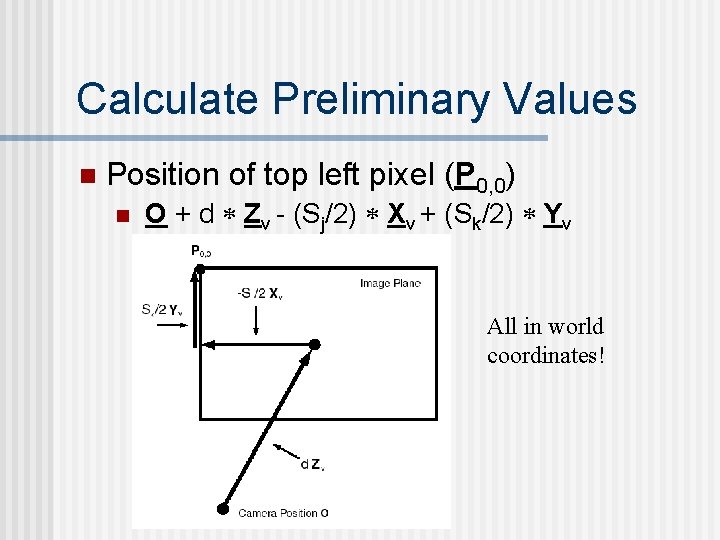 Calculate Preliminary Values n Position of top left pixel (P 0, 0) n O
