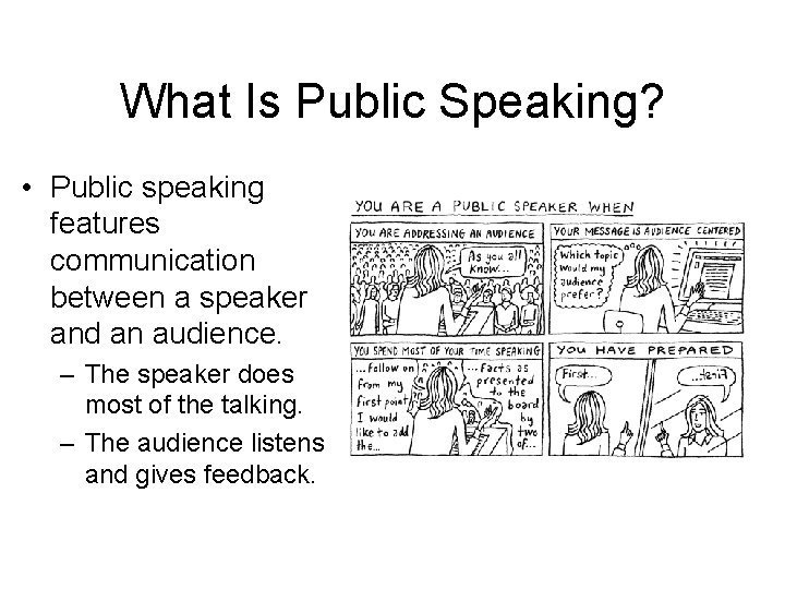 What Is Public Speaking? • Public speaking features communication between a speaker and an