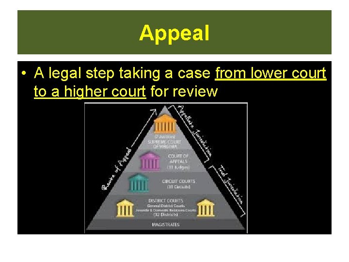 Appeal • A legal step taking a case from lower court to a higher Appeal • A legal step taking a case from lower court to a higher