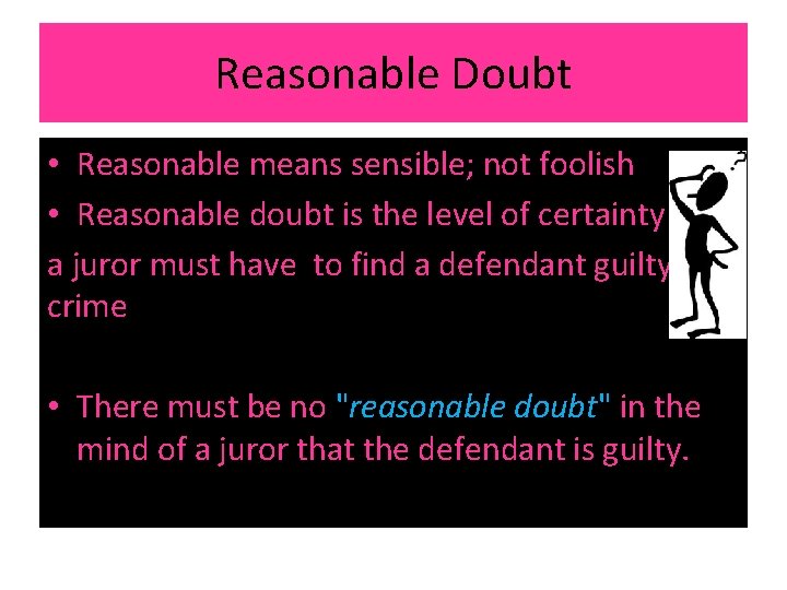 Reasonable Doubt • Reasonable means sensible; not foolish • Reasonable doubt is the level Reasonable Doubt • Reasonable means sensible; not foolish • Reasonable doubt is the level
