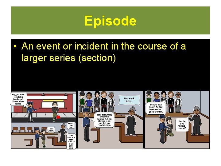 Episode • An event or incident in the course of a larger series (section) Episode • An event or incident in the course of a larger series (section)