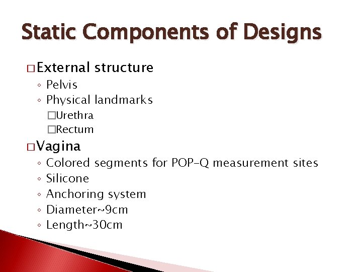 Static Components of Designs � External structure ◦ Pelvis ◦ Physical landmarks �Urethra �Rectum