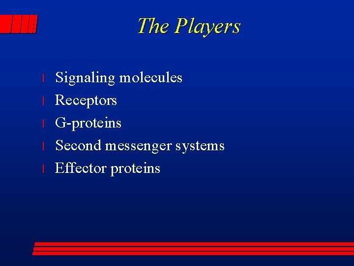 The Players l l l Signaling molecules Receptors G-proteins Second messenger systems Effector proteins