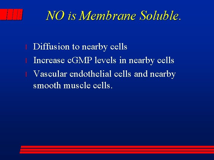 NO is Membrane Soluble. l l l Diffusion to nearby cells Increase c. GMP