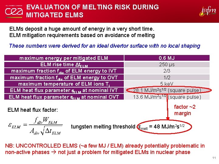 EVALUATION OF MELTING RISK DURING MITIGATED ELMS ELMs deposit a huge amount of energy