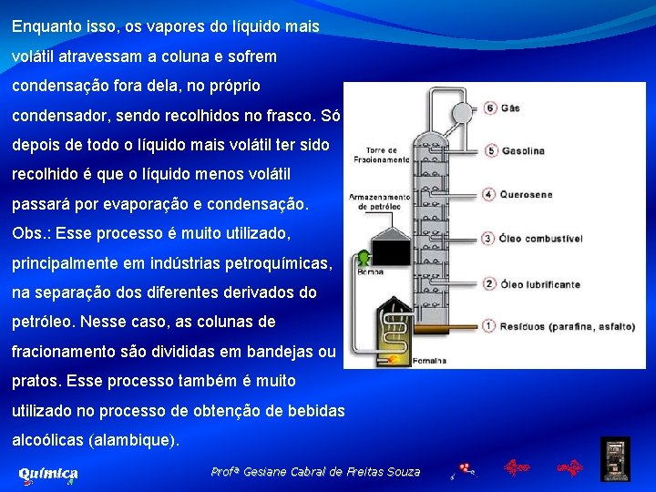 Enquanto isso, os vapores do líquido mais volátil atravessam a coluna e sofrem condensação