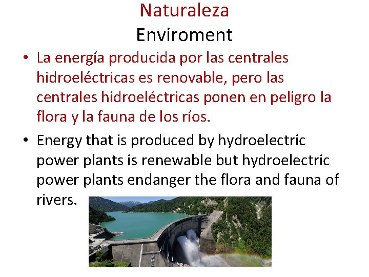 Naturaleza Enviroment • La energía producida por las centrales hidroeléctricas es renovable, pero las