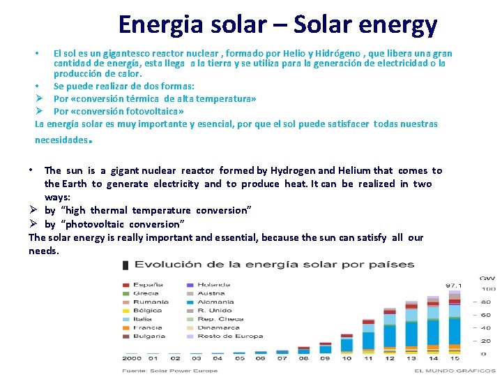 Energia solar – Solar energy El sol es un gigantesco reactor nuclear , formado