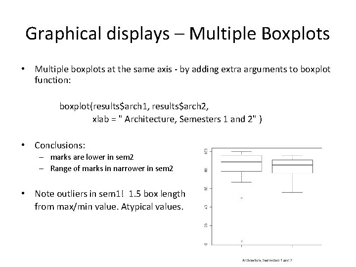 Graphical displays – Multiple Boxplots • Multiple boxplots at the same axis - by