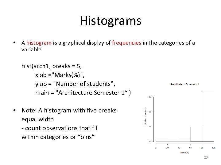 Histograms • A histogram is a graphical display of frequencies in the categories of